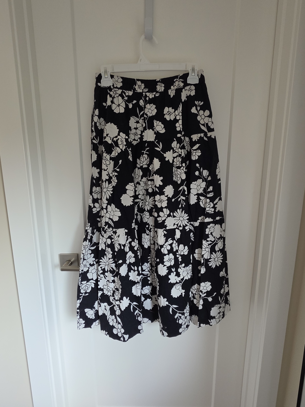 Black and Cream Floral Tiered Midi Skirt